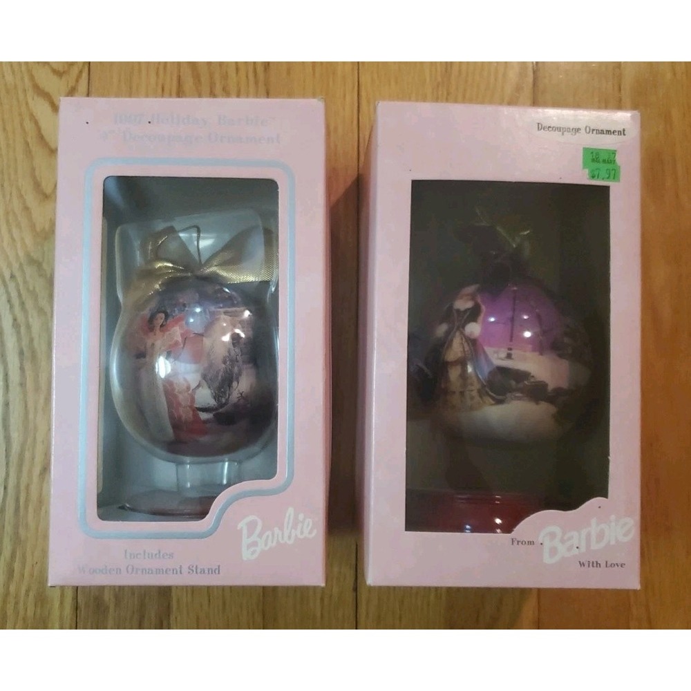 1996 & 1997 Holiday Barbie 4" Decoupage Ornament with Wooden Stand Original Box